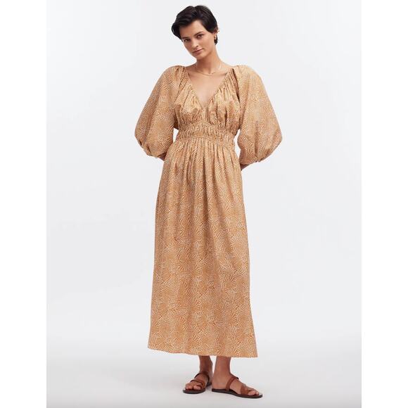Madewell V Neck Balloon Sleeve Maxi Dress Spiral Dot Tan Smocked Boho US 00 NWT - Picture 1 of 16